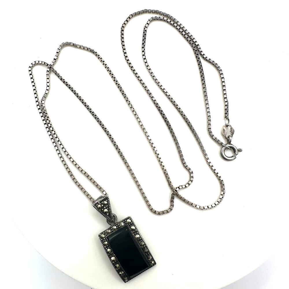 MD Thai 925 sterling silver black onyx marcasite pendant 24" box chain necklace
